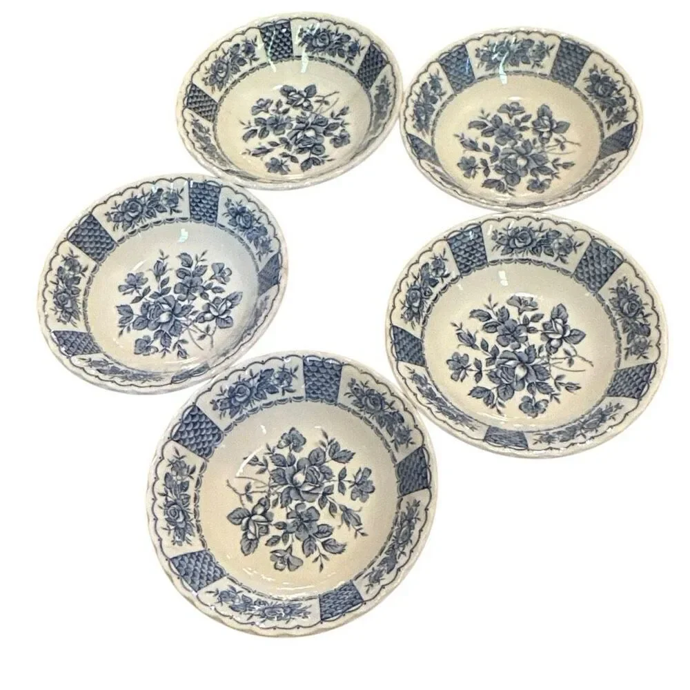 Vtg Myotts Melody England x5 rose decor blue copper print transferware, France c